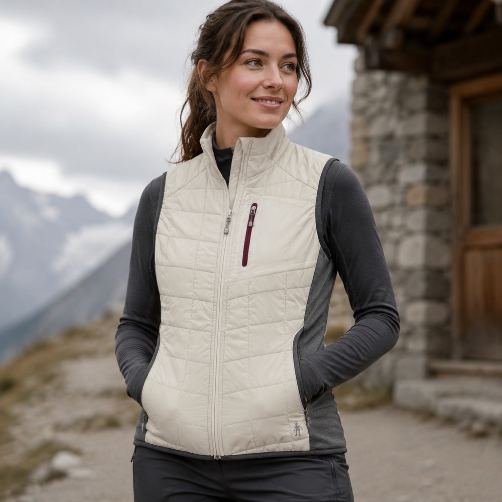 Smartwool PhD SmartLoft Divide Vest Women M Cream Gray Quilted Hybrid Insulated